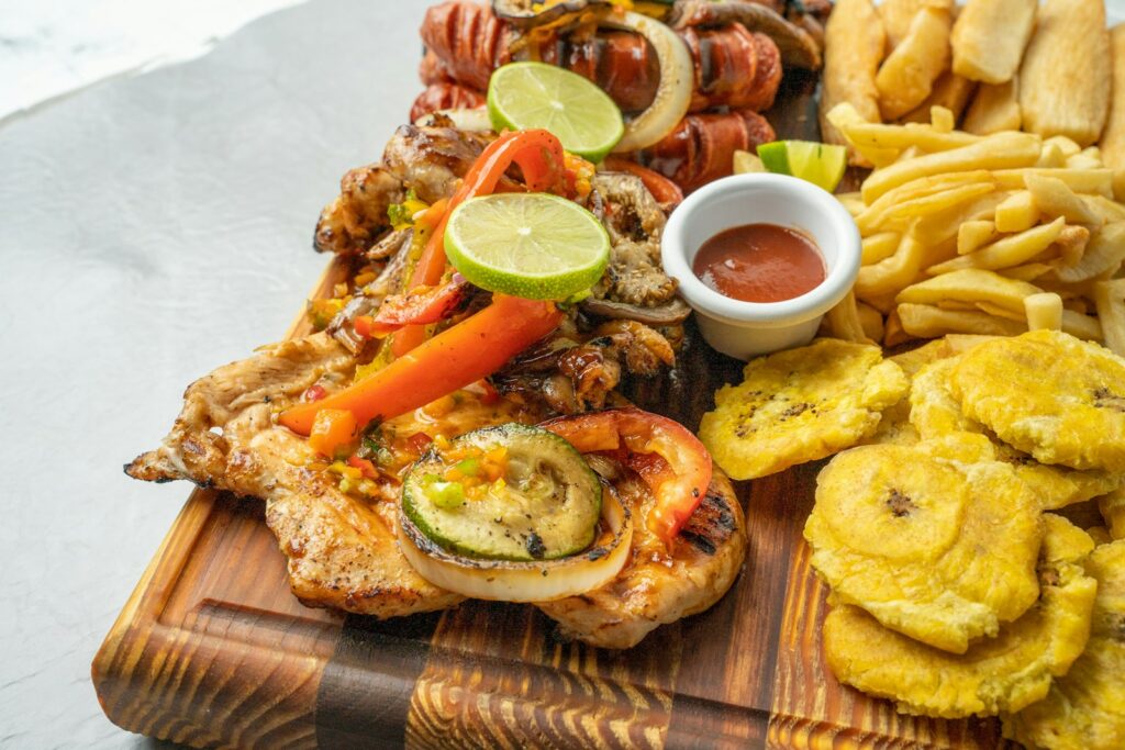a platter of food with a variety of foods on it